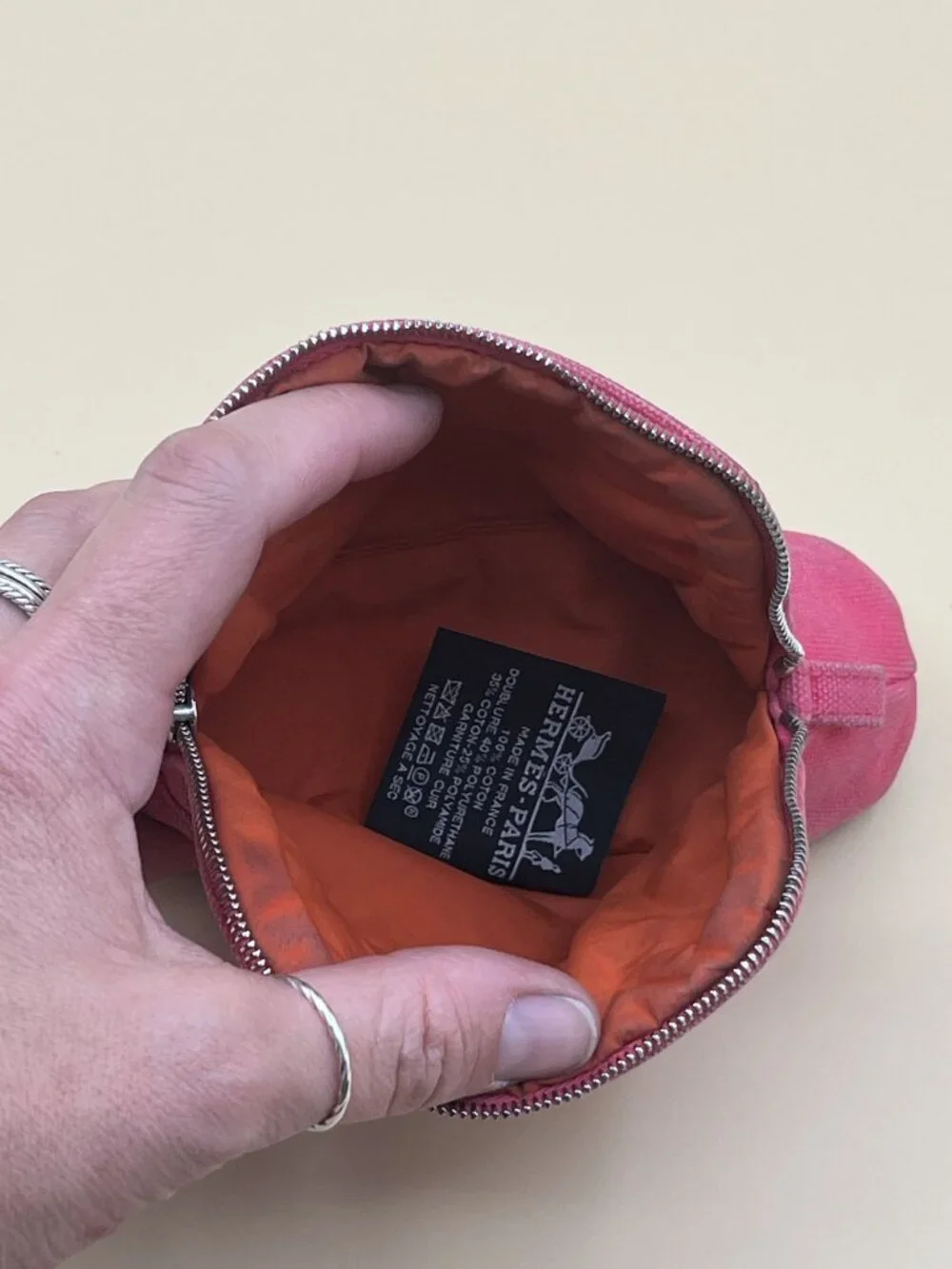 Hermes Cosmetic Pouch Pink-Red Canvas Zip Trousse Case Orange Lining Made in Fra